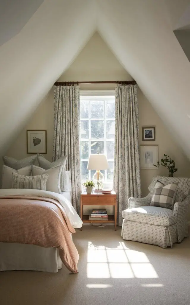 A photo of a charming attic bedroom with a dormer window bringing in extra natural light. The very cozy bed is nestled under the dormer, with soft bedding and throw pillows. The added headroom from the window allows for a reading chair next to the bed, making the space more functional.