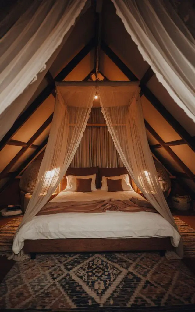 An attic bedroom with flowing drapes hung around a very cozy bed, creating an intimate, tent-like sleeping area. The soft, sheer fabric of the drapes adds a romantic feel to the space. Warm lighting enhances the cozy, enclosed atmosphere.