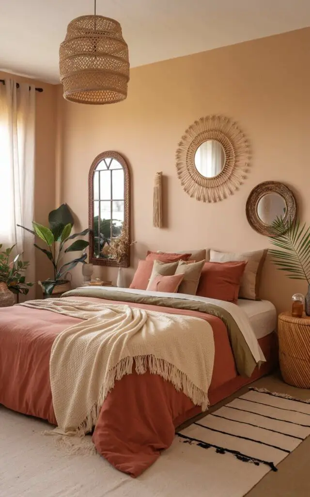 A photo of a tranquil boho bedroom in earthy hues. The room features a cozy bed adorned in terracotta and olive green bedding. The walls are painted a warm beige. Accent decor includes woven baskets, vintage mirrors, and indoor plants. The room has a warm, inviting atmosphere that feels grounded and stylish.