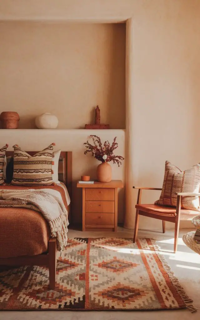 A photo of a Southwestern bedroom with warm, earthy tones like terracotta and ochre. There's a cozy bed adorned with patterned pillows. The walls are painted in a soft beige, with wooden furniture. A rug with a geometric pattern is placed on the floor. Natural light floods the space, creating a warm and inviting atmosphere.