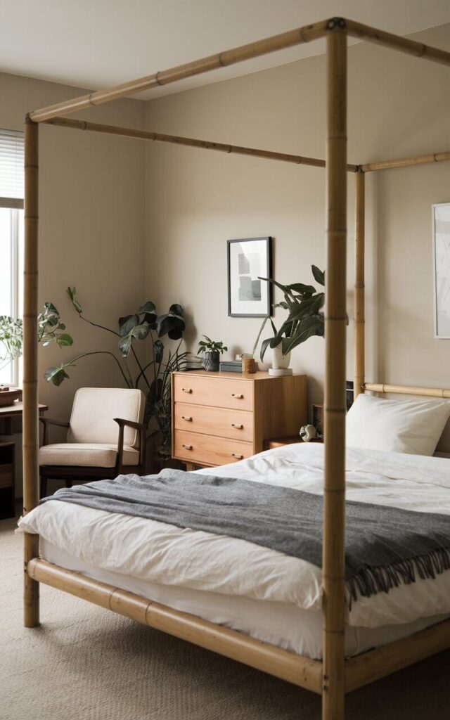 A Japandi bedroom with a bamboo bed frame, organic cotton bedding, and sustainably sourced wooden furniture. The room has a minimalist design with a few pieces of furniture. There is a wooden dresser, a chair, and a small table. The walls are painted in a neutral color. There are a few plants in the room.