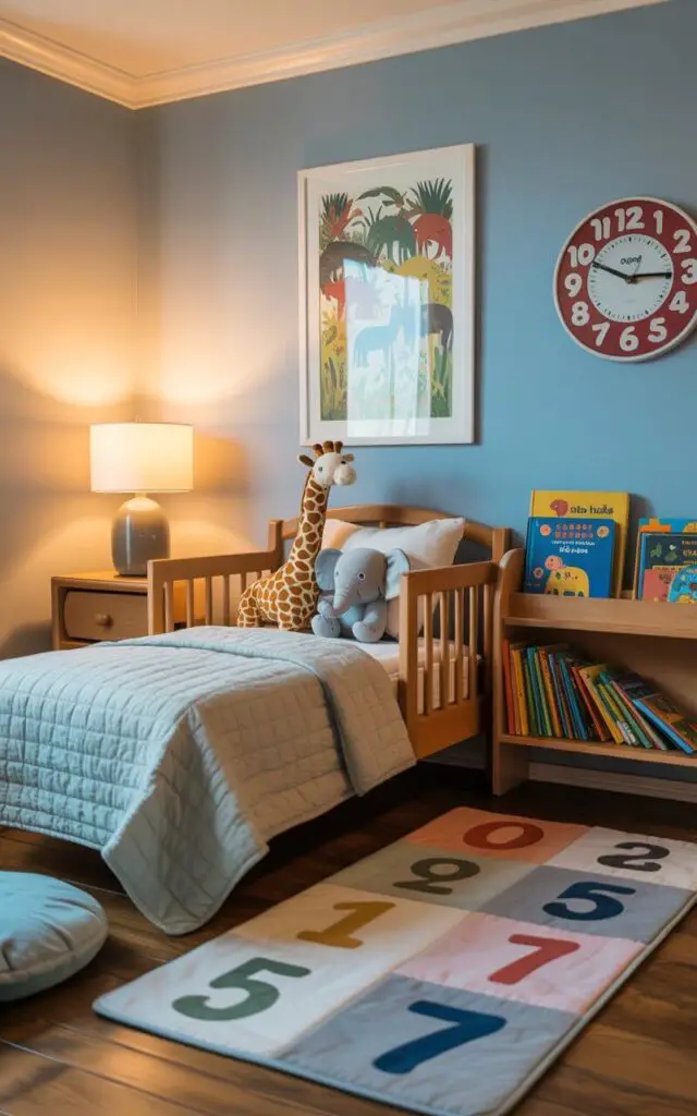 A photograph of a cozy toddler bedroom bathed in the soft glow of a table lamp. The room centers around a toddler bed with a lightweight quilt in pale blue tones, adorned with a plush giraffe and an elephant-shaped pillow, positioned in front of a vibrant illustration of wild animals framed above. A soft area rug featuring number prints stretches across the wooden floor, complemented by a child-height bookshelf stocked with colorful picture books and a cheerful wall clock displaying "10:00" with big, easy-to-read numbers. Soft blue walls and a few plush floor cushions complete the thoughtfully designed space, sparking curiosity and comfort.