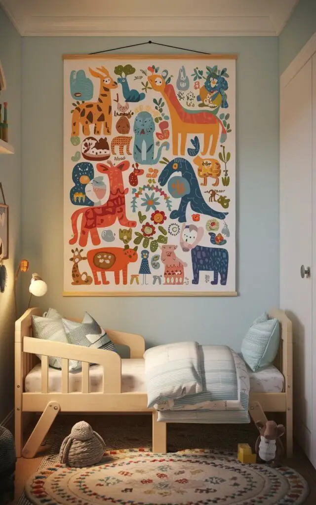 A cozy toddler bedroom with a small, cozy toddler bed. Above the bed, there is a colorful animal illustration poster. The room has a warm, inviting atmosphere, with soft lighting. There are also a few toys and a small rug near the bed. The walls are painted a soft blue.