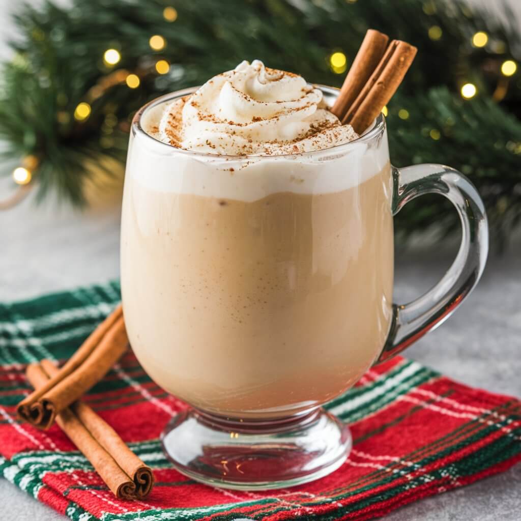 A creamy eggnog cocktail in a glass mug, topped with whipped cream and sprinkled with fresh nutmeg. The mug sits on a festive napkin, with cinnamon sticks and holiday garland in the background, giving a cozy, inviting feel.