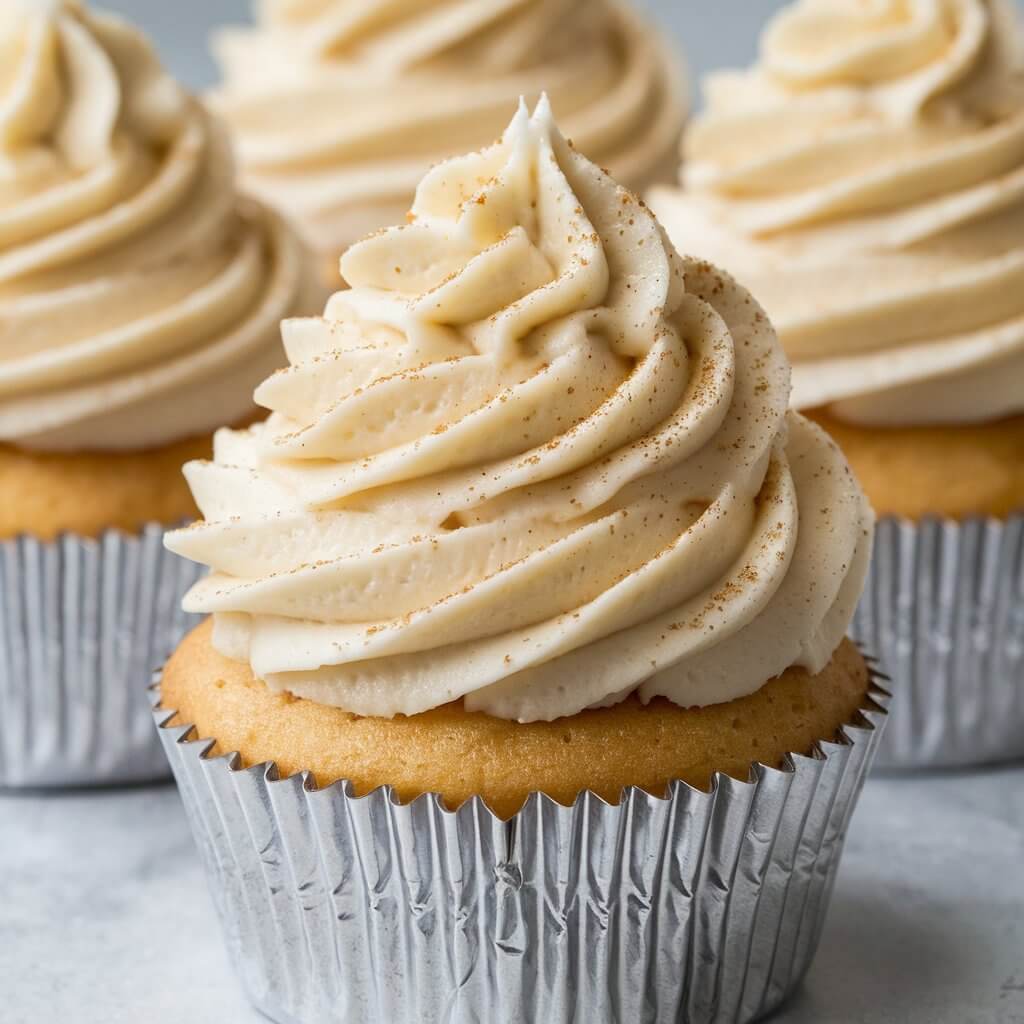 A photo of a beautifully frosted cupcake with eggnog-flavored buttercream, dusted with a sprinkle of nutmeg. The cupcake has a light, warm cream color, and the frosting is piped in a high swirl with a gentle sheen. The cupcake liner is silver, giving it a festive look.