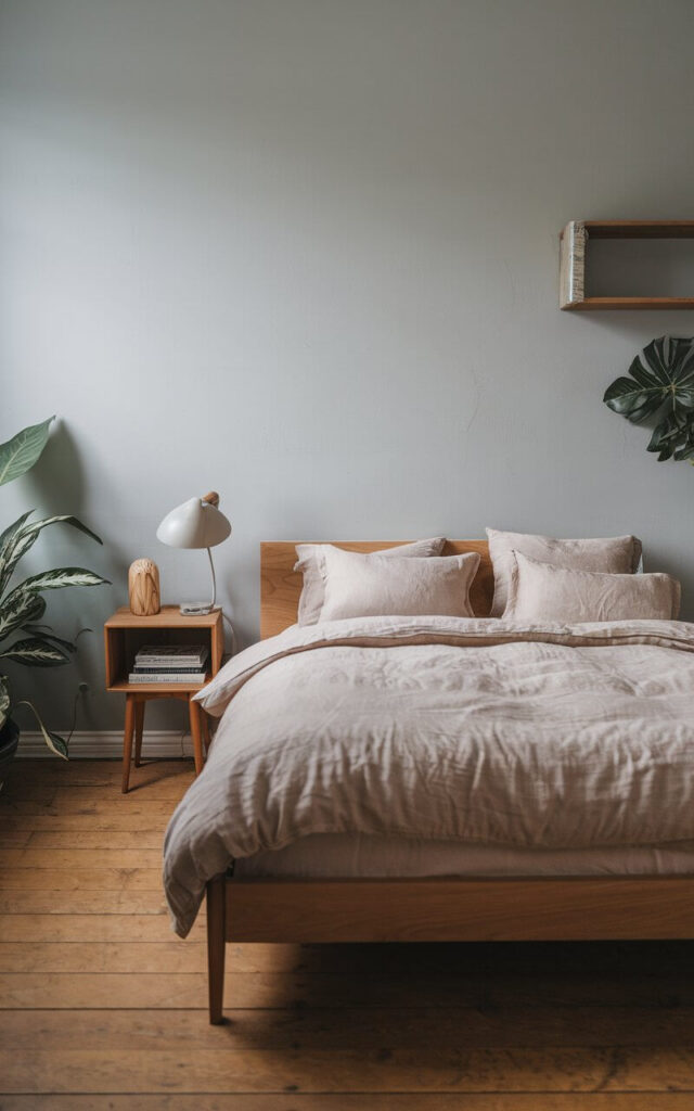 A photo of a Japandi-style bedroom with a minimalist design, featuring a queen-sized bed with soft linen sheets in a neutral tone. The bed frame is made of wood and has a simple, elegant design. The room has a few essential pieces of furniture, including a small wooden nightstand with a lamp and a few books. The walls are painted in light grey, and there are a few plants in the room. The floor is made of wooden planks.