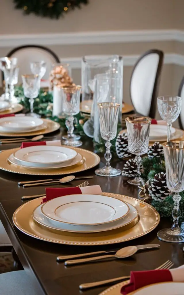 A photo of a Christmas dining table in a formal dining room. The table is set with gold metallic chargers beneath simple white dinner plates. There are crystal glassware and festive napkins. The table is decorated with red and gold accents. Pinecones and garlands are used as subtle decor. The background is a wall.