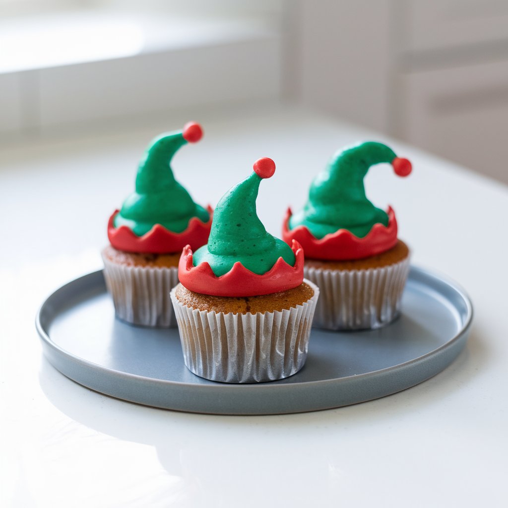 Three playful elf-hat cupcakes are placed on a gray plate on a bright white kitchen countertop. The elf-hat cupcakes have green frosting piped into a slightly curved peak, resembling the shape of a pointed hat, and each hat has a tiny red fondant ball at the tip, mimicking the fluffy pom-pom of an elf's cap. The cupcakes are topped with a simple white liner. The white background and soft natural light enhance the bright, whimsical colors of the cupcakes.