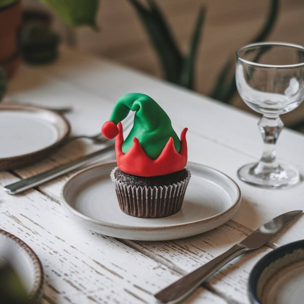 A photo of a cupcake with an elf hat decoration. The cupcake is placed on a white ceramic plate, which is on a white wooden table. The elf hat is made of fondant and is placed on top of the cupcake. The table has a few other dishes, including a glass, a fork, and a knife. The background is blurred and consists of a few plants.