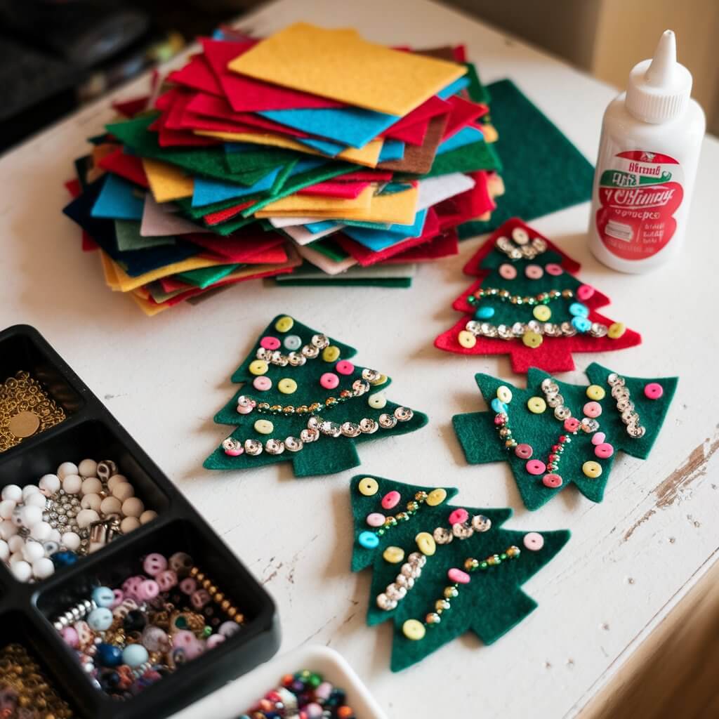 A photo of a table with a pile of colorful felt pieces, a glue bottle, and a tray of beads. There are several mini felt Christmas trees decorated with sequins, beads, and tiny buttons. The Christmas trees are placed on a white background. The overall image has a warm lighting.