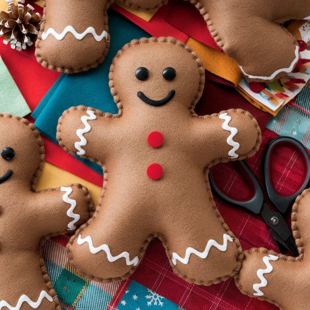 A cozy holiday-themed craft with soft, plush gingerbread men made from warm brown felt. Each gingerbread figure is carefully stitched around the edges and stuffed with fluffy material to create a plump, soft shape. The gingerbread men have white felt "icing" accents along their arms and legs, black googly eyes, and cheerful red buttons. The craft is set in a holiday-themed background with colorful fabric swatches and scissors, adding a warm, handmade holiday touch.