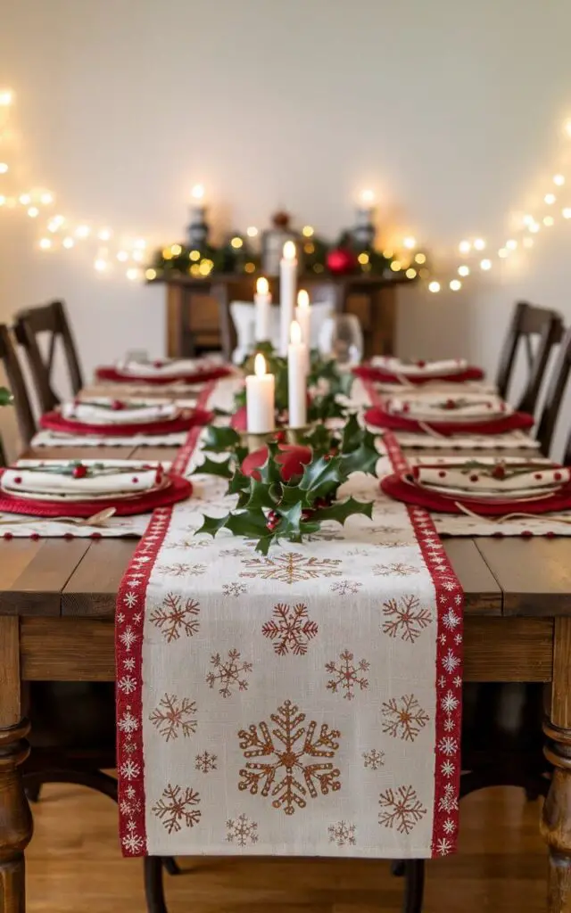 A cozy dining room with a beautifully set Christmas dining table. The table features a red and gold table runner adorned with delicate snowflake patterns. The runner stretches along the center of a wooden table, complemented by matching napkins and placemats. Candles and sprigs of holly are artfully arranged to add a festive glow. The room is softly lit by fairy lights, creating a warm and inviting holiday atmosphere.