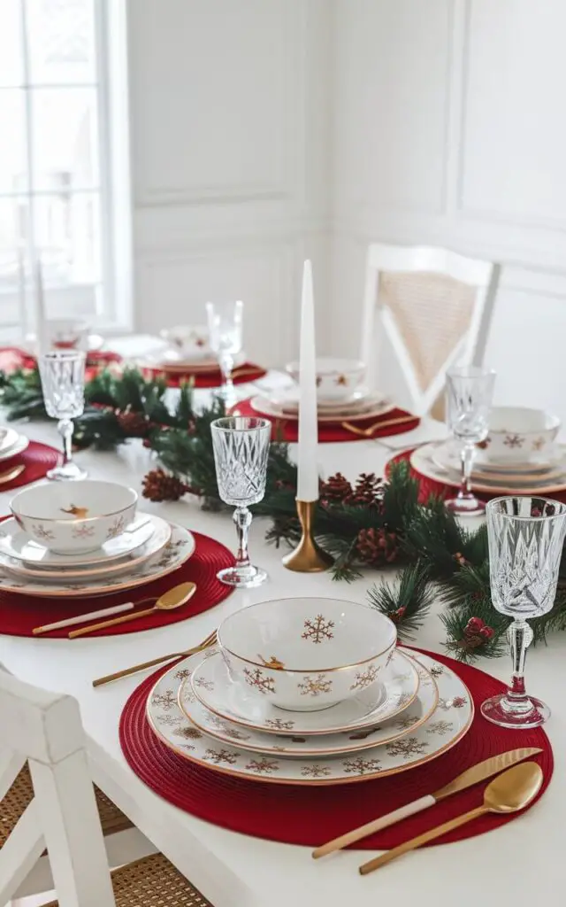 A festive Christmas dining table in a bright dining room, showcasing holiday-themed plates featuring snowflakes and reindeer designs. The plates are paired with coordinating bowls and gold flatware. Red placemats and pine garlands accentuate the holiday theme, while sparkling crystal glassware completes the elegant yet festive look of the dining room.