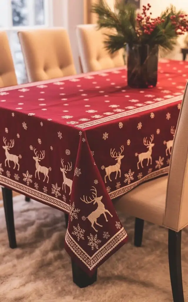 A rectangular dining table stands centered in a room, draped with a deep red tablecloth featuring embroidered snowflakes and reindeer silhouettes. The tablecloth falls evenly over the table edges, pooling slightly on the floor. Six beige upholstered dining chairs are arranged uniformly around the table, each with a high back and slender wooden legs. Soft light filters in from a window to the left, illuminating a vase containing pine branches and red berries placed at the table's center.