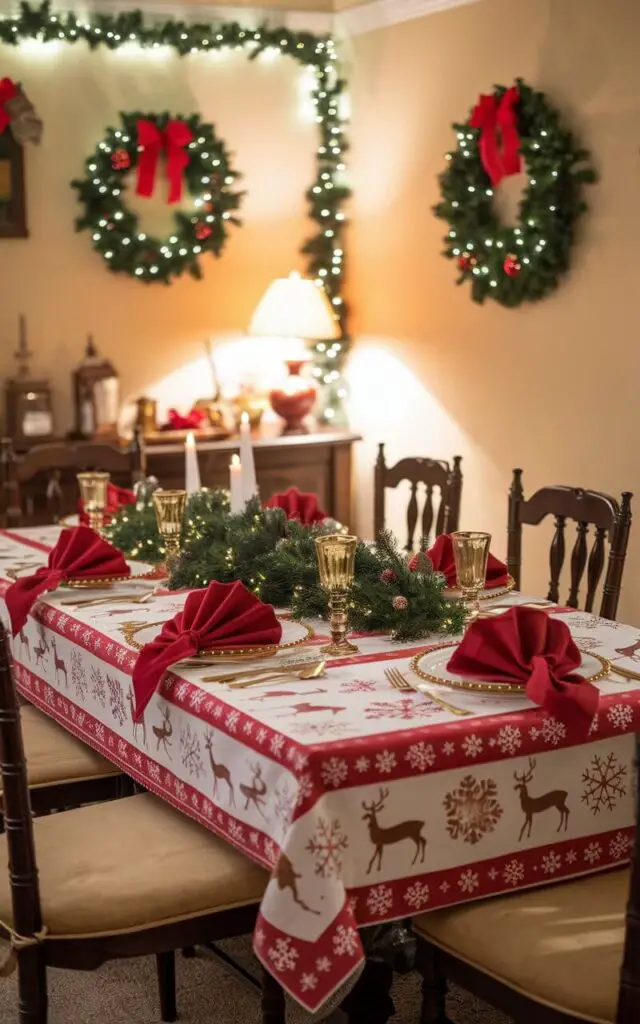 A cozy and inviting dining room with a traditional Christmas dining table. The table is covered in a red and gold tablecloth with snowflake and reindeer patterns. The table setting includes matching red napkins, gold flatware, and a garland centerpiece. The walls are adorned with Christmas decorations, including a wreath and a string of lights. The room has a warm ambiance, with a lamp and a candle providing soft lighting.