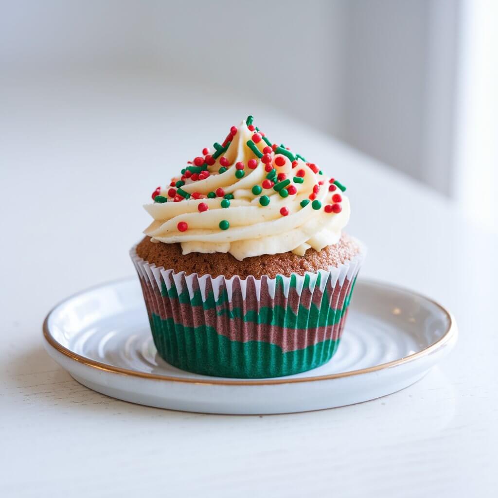 A festive cupcake with red and green marbled batter visible through the wrapper. The cupcake is topped with smooth vanilla frosting and a dusting of red and green sprinkles. The cupcake is in a simple white liner, placed on a white ceramic plate on a bright white table.