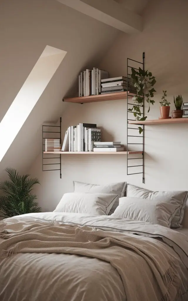 A photo of an attic bedroom with a minimalist design. There is a cozy bed with soft linens and throw blankets. Above the bed, there are floating shelves that hold books and small plants. The shelves add a functional and stylish element to the room. The overall ambiance of the room is peaceful and inviting.