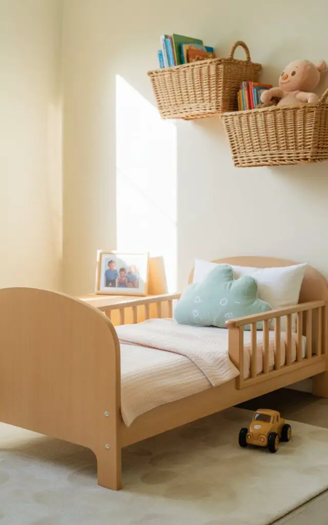 A photograph of a cozy toddler bedroom centered around a light wood toddler bed with soft white bedding and a mint-green cloud-shaped pillow. The bed is neatly made and sits on a light beige rug, facing a wall adorned with floating woven baskets overflowing with plush toys and colorful board books. A single toy car rests on the floor near the bed, and a framed family photo sits on a small shelf, adding a personal touch to the room's soft ivory walls, bathed in gentle, diffused sunlight. The room’s tidy design prioritizes vertical space, creating a warm and inviting atmosphere.