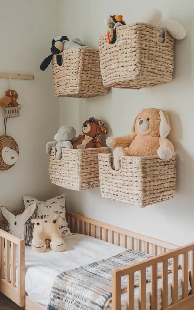 A photo of a small toddler bedroom with a cozy toddler bed design. Floating storage baskets made of natural woven materials are attached to the walls. These baskets hold stuffed animals and toys. The room has a clean and organized space with a playful touch.