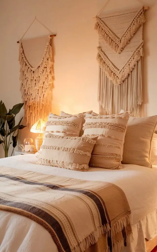 A photo of a boho bedroom with a cozy bed. The bed has decorative pillows and throws with fringed edges. The bed's layered textures are complemented by fringe details on a nearby throw and wall hanging, bringing movement and softness. Warm lighting highlights each texture, making the room feel both lively and inviting.