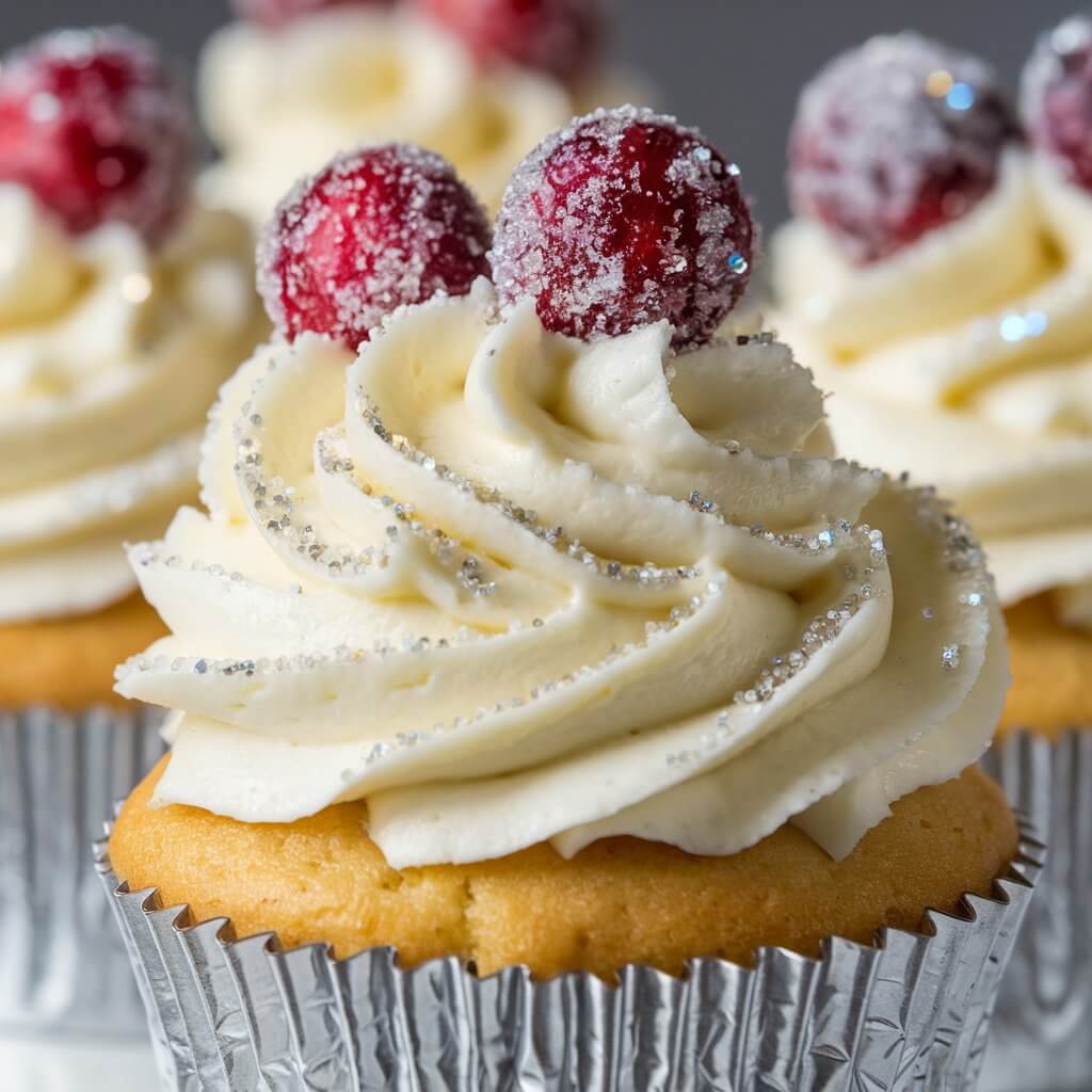 A photo of a festive cupcake with a swirl of cream cheese frosting, topped with sugar-coated cranberries that sparkle in the light. The frosting has a hint of vanilla and is smooth with a light sheen, while the cranberries add a pop of red and a frosty look. The cupcake wrapper is silver.