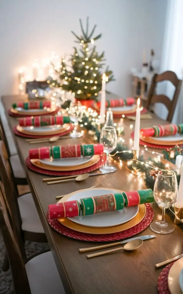 A photo of a cozy dining room with a Christmas theme. The room has a wooden dining table with 6 chairs. Each plate on the table has a brightly colored Christmas cracker wrapped in festive designs of red, green, and gold. The Christmas crackers add a fun element to the setting. The table is adorned with fairy lights, candles, and a small Christmas tree centerpiece, creating a joyful holiday atmosphere.