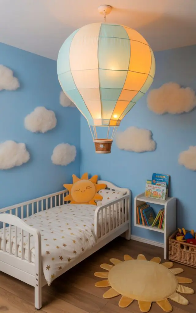 A photograph of a charming toddler bedroom bathed in the soft glow of a large, pastel blue and cream hot air balloon pendant light suspended from the ceiling. The focal point is a cozy toddler bed, low to the ground with white guard rails and star-studded bedding, featuring a plush sun pillow resting gently on top. Light blue walls adorned with fluffy cloud decals create a whimsical sky-themed backdrop, complemented by a round sun-shaped rug on the wooden floor and a small white bookshelf displaying a few colorful children’s books, while a toy chest sits nearby. The scene is lit with warm, diffused light emanating from the hot air balloon fixture, creating a dreamlike and joyful atmosphere.