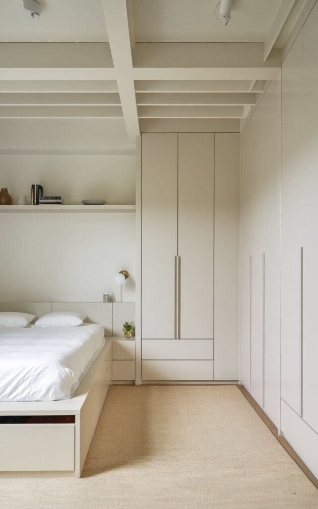 A photo of a Japandi-style bedroom with a minimalist design. The room features a storage bed with built-in drawers and a sleek, built-in wardrobe with clean lines. The walls and ceiling are painted white, and the floor is covered with a beige area rug. There are a few items of furniture in the room, including a small lamp on the bedside table and a wall-mounted shelf above the bed. The room has uncluttered surfaces and focuses on practical yet beautiful items.