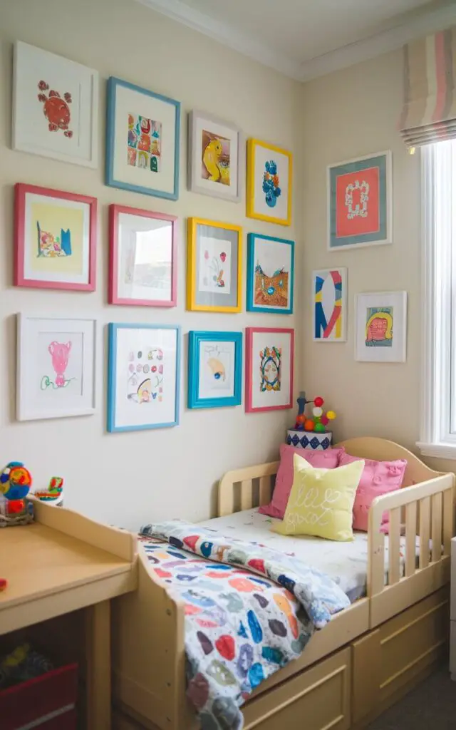 A photo of a small toddler bedroom with a cozy toddler bed and a gallery wall of the child's artwork. The artwork is displayed in bright frames in various colors, adding a playful and personal touch to the room. The room also has a small desk and a few toys. The walls are painted in a light color. There is a window with a curtain.