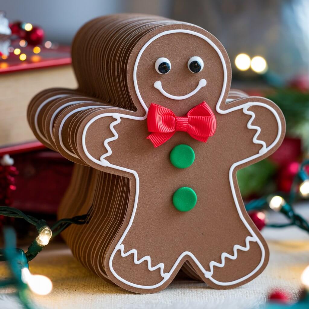 A photo of a stack of gingerbread man-shaped bookmarks made from brown cardstock. Each bookmark has a laminated finish and is decorated with a friendly face, googly eyes, and a bright ribbon bow. The bookmarks are arranged in a neat stack on a cozy background with festive holiday lights and books. The vibrant colors and smiling expressions bring a touch of holiday cheer, perfect for encouraging young readers.