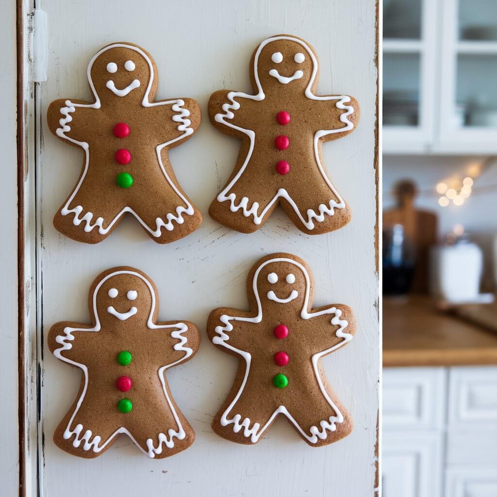 A photo of gingerbread cookie magnets shaped like mini gingerbread men. The cookies are crafted from salt dough or air-dry clay and are painted in rich brown hues with delicate white icing details. They wear vibrant red or green buttons. The backs of the cookies feature small round magnets, allowing them to be displayed on a fridge. The cookies are set against a white, rustic background with a glimpse of a holiday kitchen. The craft radiates a warm, holiday vibe.