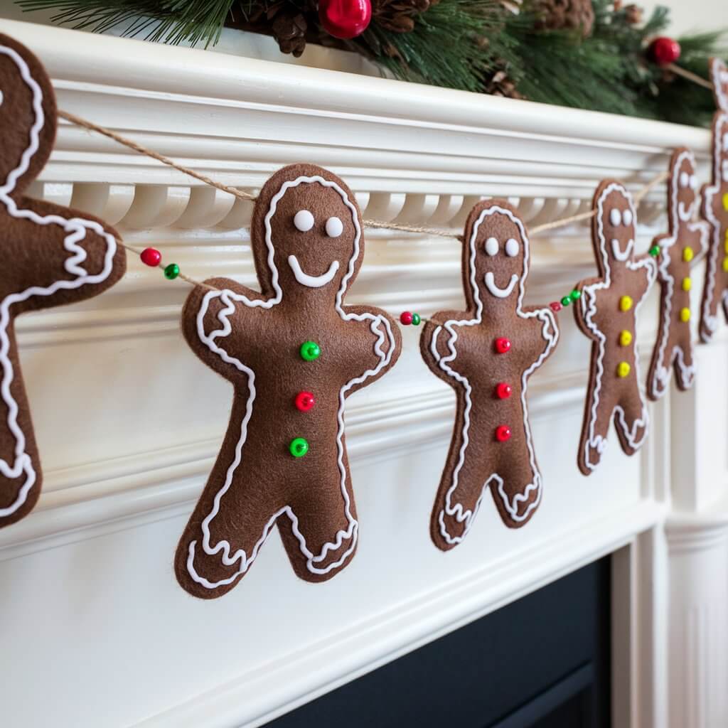 A holiday garland made from gingerbread men crafted out of felt or thick brown paper, strung together with rustic twine. Each gingerbread man in the garland is individually decorated with "icing" outlines and tiny beads as buttons, spaced with colorful red and green beads on the twine. The garland drapes beautifully along a mantle, adding a festive, homemade look that brings warmth and joy to any holiday setup.