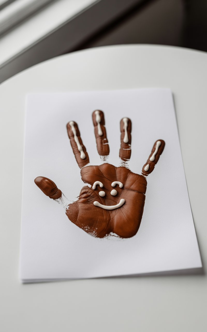A photograph of a perfectly centered brown gingerbread handprint artwork displayed on a clean white table surface, creating a minimalist and heartwarming composition. The handprint is meticulously crafted with smooth chocolate-brown paint covering each finger and palm area, while precise white icing-like lines create symmetrical decorative patterns along the fingers, mimicking traditional gingerbread cookie details. A charming smiling face with balanced proportions is delicately painted near the base of the palm, featuring dot eyes and a curved mouth that gives the gingerbread character a joyful, welcoming expression. The scene is illuminated with soft, even lighting that gently highlights the texture of the white paper without casting harsh shadows, while the spotless surrounding area emphasizes the sentimental simplicity and careful craftsmanship of this touching handprint keepsake.