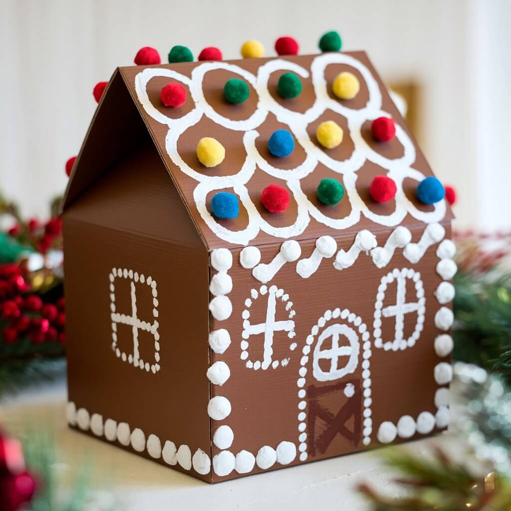 A photo of a gingerbread house craft gift box painted a rich brown color. The gift box is adorned with white puffy paint in intricate swirls that resemble icing along the edges. The "roof" of the box is dotted with colorful pom-poms to imitate candies, with vibrant reds, greens, and yellows for a candy-coated look. The gingerbread house sits on a table, surrounded by additional holiday trimmings, giving a whimsical, festive touch that's both eye-catching and inviting.