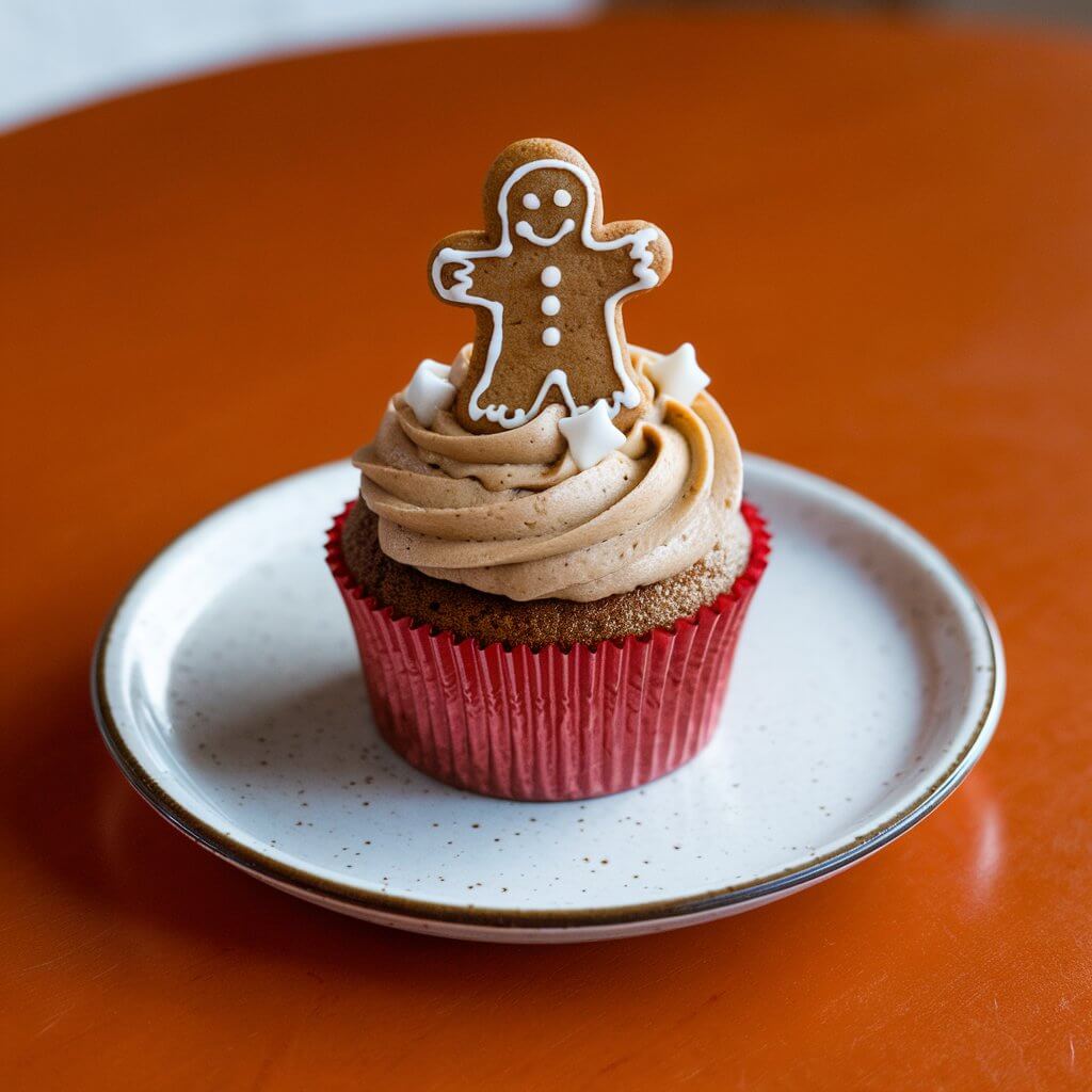 A cozy-looking cupcake with a spiced frosting and a mini gingerbread man cookie on top, decorated with white icing details. The cupcake itself is a warm brown, reflecting its gingerbread flavor. The cupcake liner is red, placed on a white ceramic plate on a bright brown table.