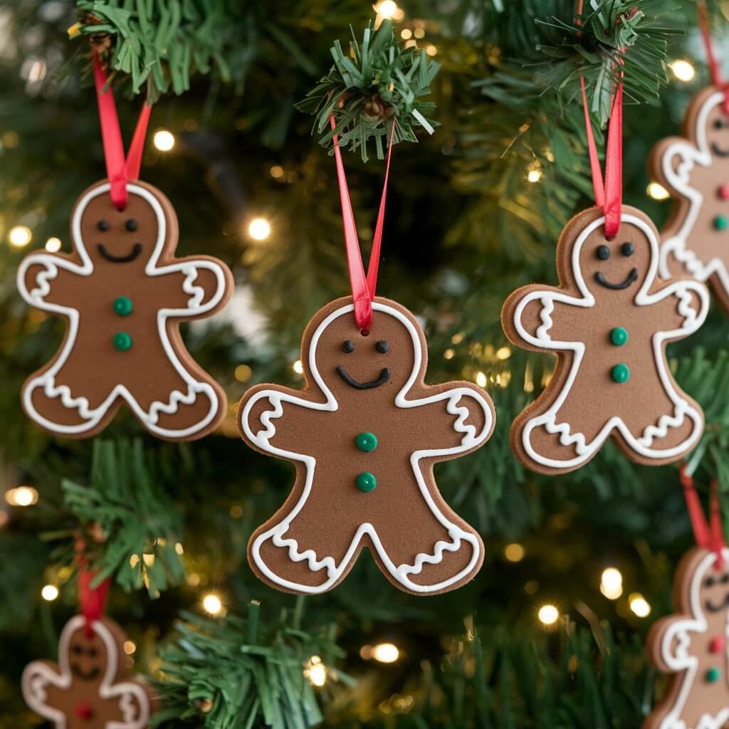 A photo of a Christmas tree with gingerbread man ornaments. The ornaments are made from brown foam sheets or cinnamon dough and are decorated with classic "icing" designs in white puff paint. Each gingerbread figure has a wide smile, small round black eyes, and candy-like details such as buttons in red and green. The gingerbread men dangle on delicate red ribbons. The background is a lush Christmas tree with twinkling lights, accentuating the ornament's handcrafted charm.