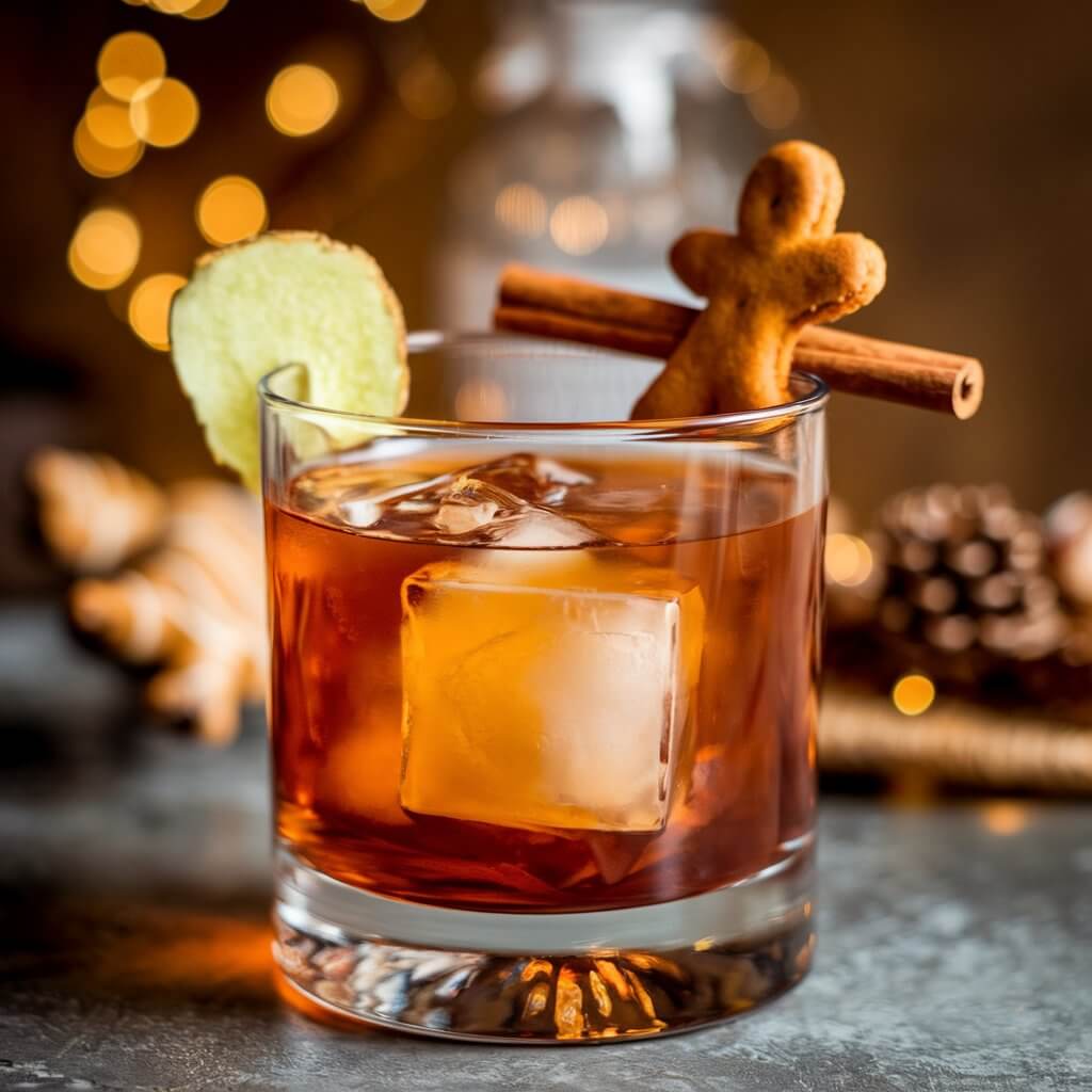 A photo of a gingerbread old fashioned cocktail in a classic tumbler. The drink has a deep amber color and is served with a single large ice cube. The cocktail is garnished with a slice of fresh ginger, a cinnamon stick, and a small gingerbread cookie on the rim. The background is a cozy, holiday setting with winter spices.