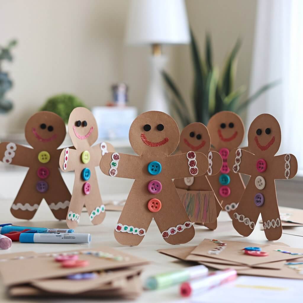 A photo of a table with multiple cut-out gingerbread man crafts made from brown construction paper. Each gingerbread man is decorated with colorful buttons, glitter, and drawn-on smiles. There are markers, scissors, and piles of paper on the table. The background is blurred and contains a lamp, a plant, and a window.