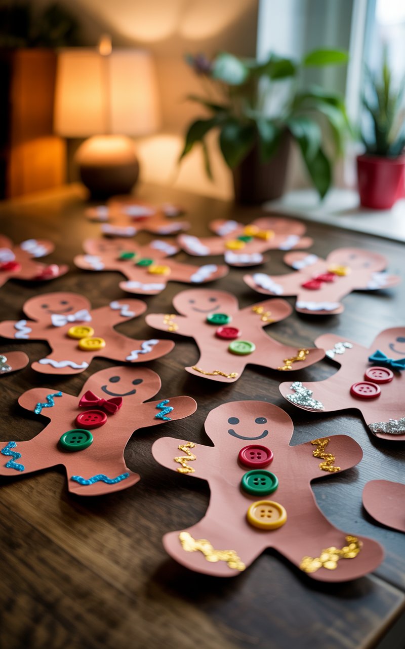 A photograph of a wooden table scattered with handmade gingerbread man cutouts crafted from rich brown construction paper. Each paper gingerbread figure is uniquely decorated with vibrant buttons in red, green, and yellow, sparkling gold and silver glitter accents, and cheerful black marker smiles drawn across their faces. Some have tiny bow ties made from ribbon scraps, while others feature colorful zigzag patterns along their arms and legs. The background is softly blurred, revealing the warm glow of a table lamp, the green leaves of a potted plant, and natural light filtering through a nearby window, creating a cozy crafting atmosphere.