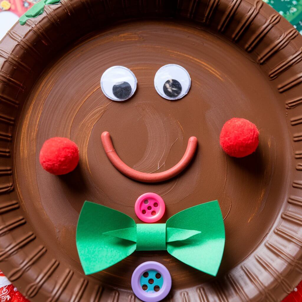 A photo of a brown-painted paper plate transformed into a charming gingerbread face. Large googly eyes are centered near the top of the plate, creating a friendly expression. A curved, hand-drawn smile sits below the eyes, with small red pom-poms carefully glued on each side as rosy cheeks. A bright green paper bowtie and colorful button stickers give this craft a playful, festive look. Set against a holiday-themed background, the plate glows with the warmth of gingerbread-inspired creativity.