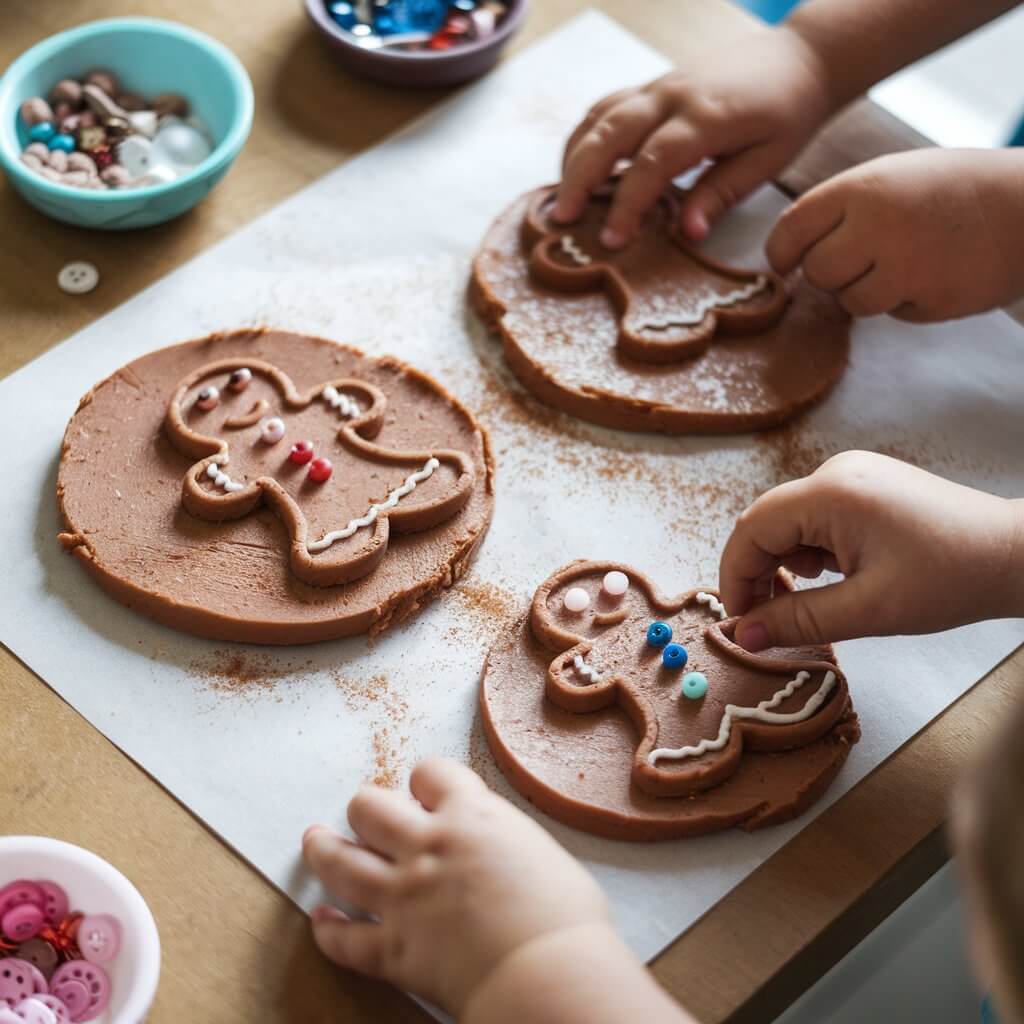 A photo of a craft table with homemade gingerbread-scented playdough. There are thick brown rounds of playdough with gingerbread man shapes cut out. The playdough has a faint shimmer of cinnamon and is dusted with a soft, pliable texture. Children's hands are shown shaping the dough and adding googly eyes, beads, and buttons. The craft is set on a wooden table with tiny bowls of embellishments nearby, showcasing an inviting, sensory experience.