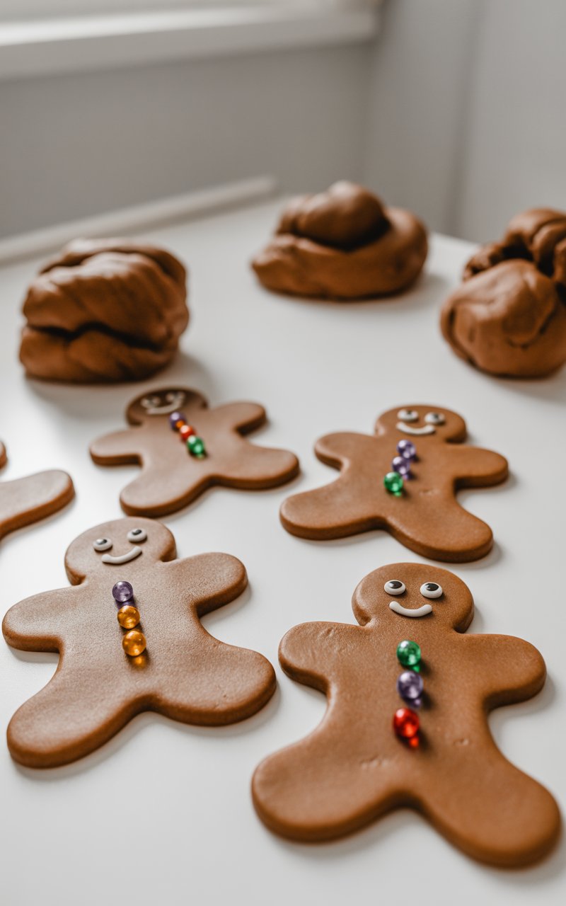 A photograph of smooth, cinnamon-shimmered brown gingerbread-scented playdough arranged on a clean white table in a minimalist setting. The playdough is expertly shaped into cleanly cut gingerbread man silhouettes, each adorned with tiny googly eyes and colorful beads that catch the light beautifully. The soft, pliable dough displays subtle texture and warm brown tones reminiscent of freshly baked cookies, with each figure positioned in a balanced, intentional layout. Additional mounds of the aromatic playdough rest softly blurred in the background, while gentle natural lighting creates a cozy, holiday atmosphere that emphasizes the tactile, sensory appeal of the craft materials.