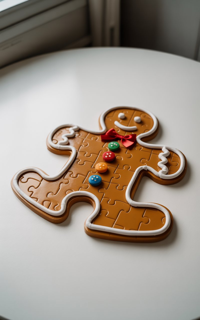 A photograph of a single oversized puzzle piece transformed into a charming gingerbread character, lying flat on a clean white table surface. The puzzle piece is meticulously painted in warm brown tones resembling baked gingerbread, with crisp white puff-paint icing that perfectly outlines every curve and notch of the puzzle shape. Small decorative elements including tiny fabric bows in red and green, plus colorful candy-like buttons, are carefully arranged across the surface to create a festive character design. The minimalist composition features soft, even lighting that highlights the textured surface of the craft piece while maintaining a completely uncluttered background that draws focus to this creative holiday upcycle.