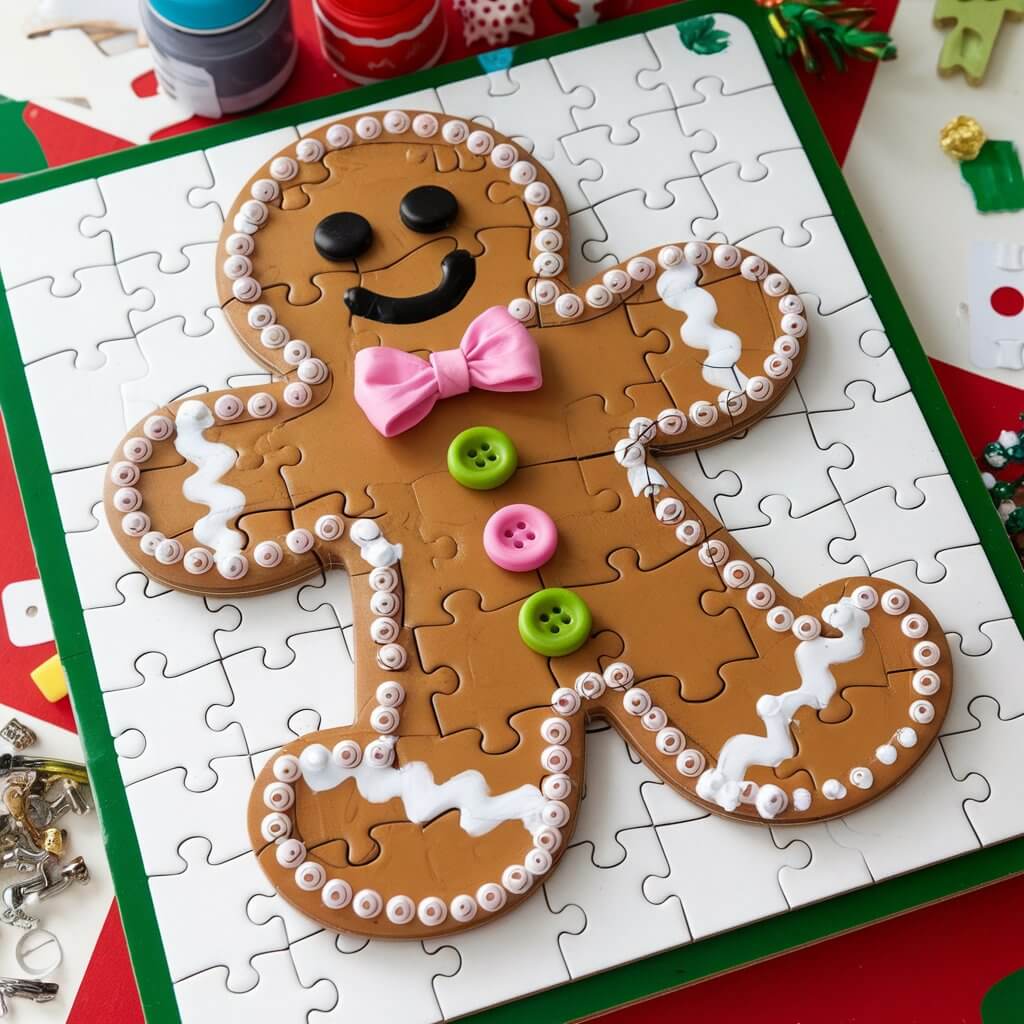 A holiday-themed table with a craft project. There is a gingerbread-colored puzzle piece painted like a gingerbread man. The piece is decorated with colorful bows and tiny buttons. The edges are defined by white puff paint, which replicates icing. The puzzle piece is set on a holiday-themed table. The background contains small craft supplies like markers, paint, and tiny accessories, highlighting the clever upcycling aspect of the craft.