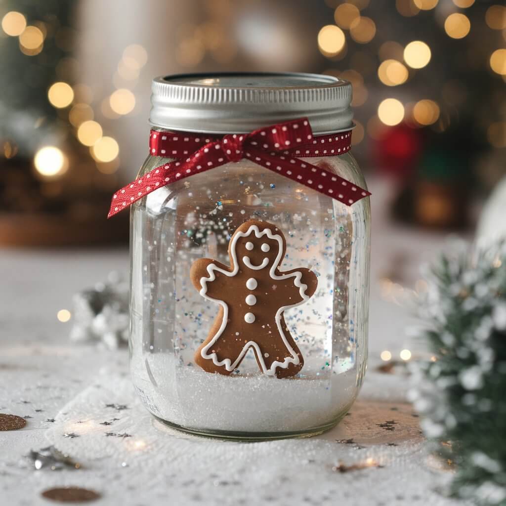 A photo of a gingerbread-themed snow globe crafted from a mason jar. The snow globe contains a mini gingerbread figure and is filled with a flurry of glitter and white "snow". The jar lid is securely fastened and decorated with a red ribbon. The snow globe is set on a holiday table with scattered sparkles and tiny decorations. The wintery scene captures the magic of a snow-filled Christmas wonderland.