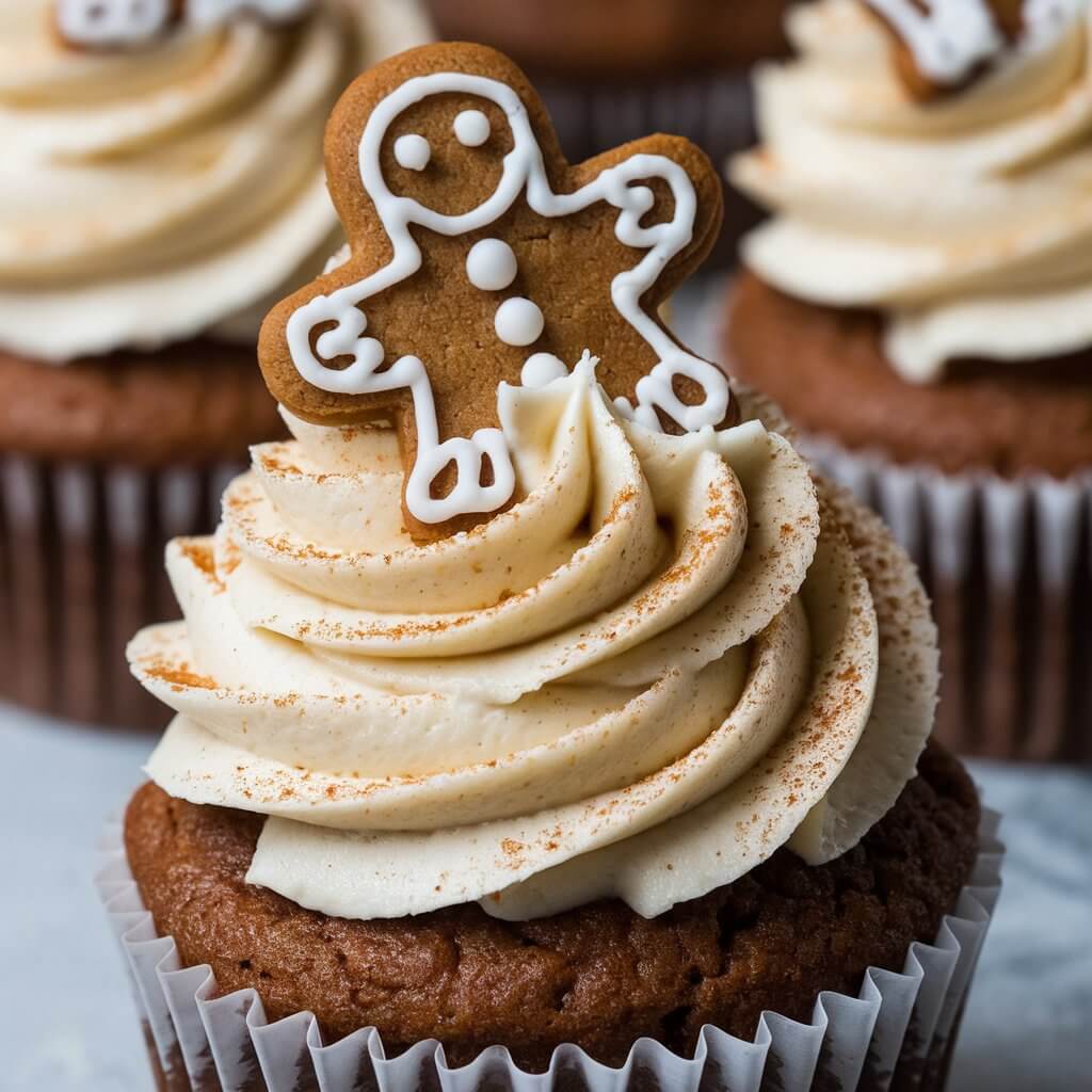 A photo of a cupcake with a deep brown batter. The cupcake is topped with a smooth swirl of cream cheese frosting, which is lightly dusted with cinnamon. Atop the frosting, there's a mini gingerbread cookie. The cookie is decorated with white icing detailing.