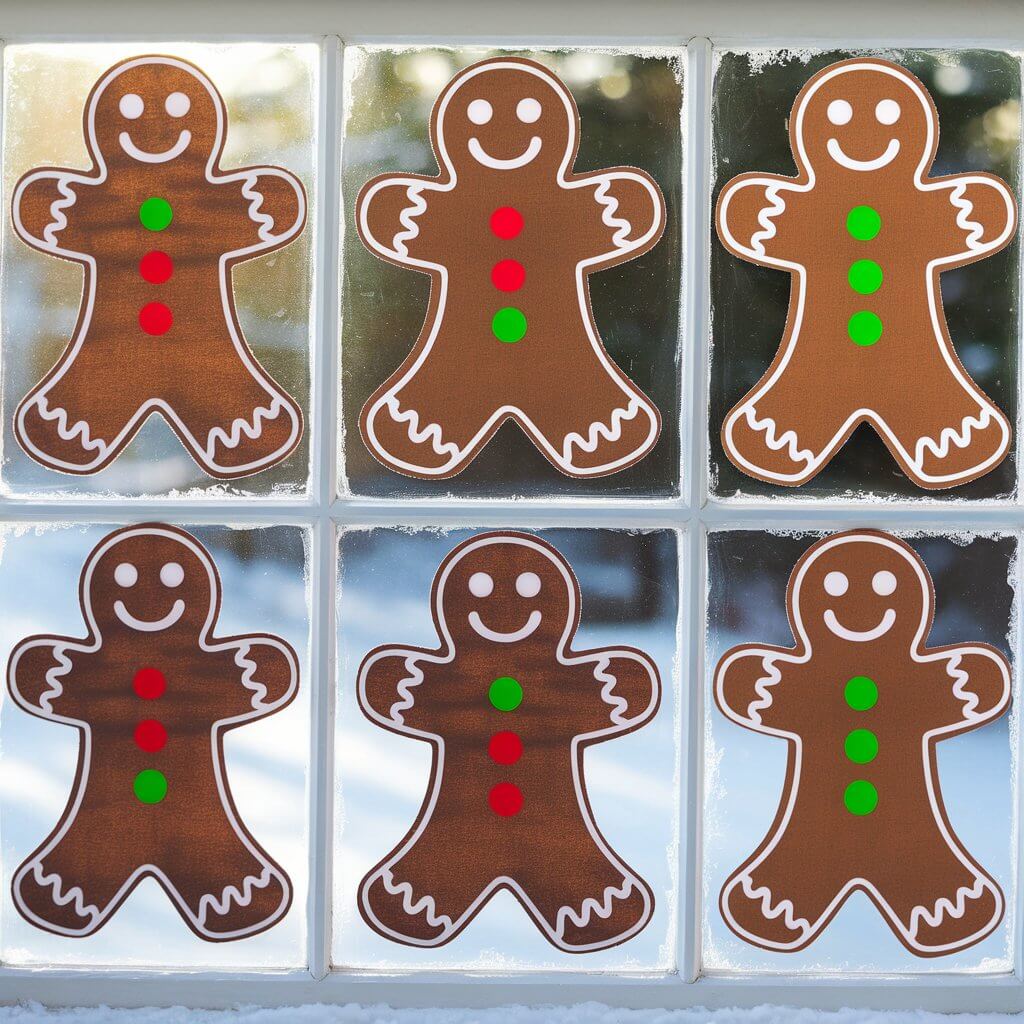 A festive scene of a clear window with puffy fabric paint window clings crafted to resemble gingerbread men. Each cling has white icing outlines, red or green buttons, and smiling faces. The gingerbread men cling to the window. The window is located in a snowy environment, adding to the holiday atmosphere. The sunlight shines through the window, highlighting the intricate designs of the gingerbread men.