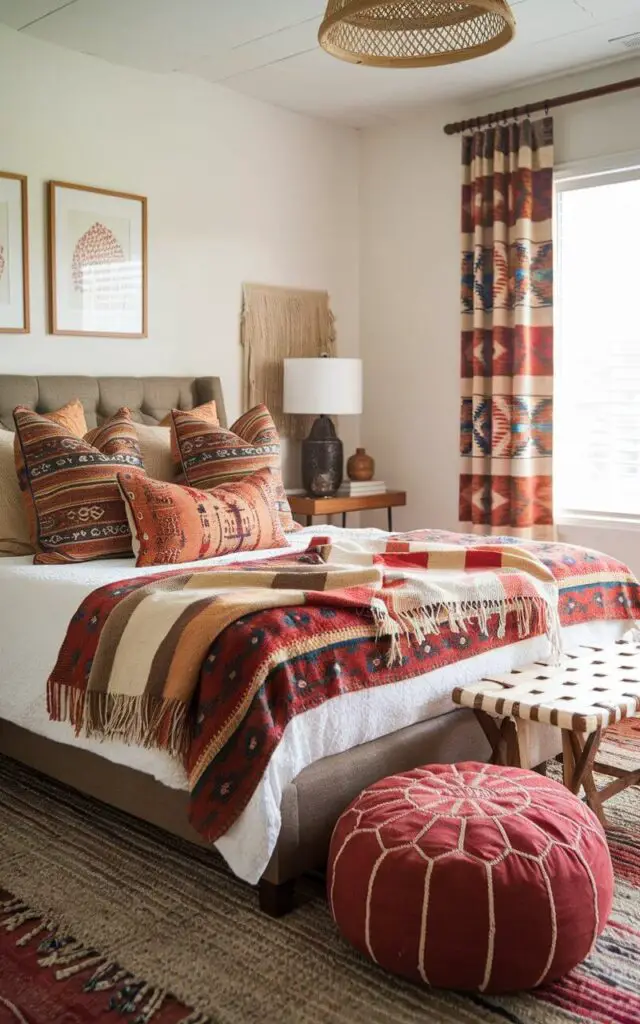 A globally-inspired boho bedroom with a very cozy bed adorned in Moroccan and Turkish-inspired textiles. The room features eclectic patterns and rich colors, including kilim pillows and a handwoven throw, creating a collected feel. Complementary decor includes a Moroccan pouf and vintage woven rug, bringing a worldly, bohemian touch to the relaxing space.