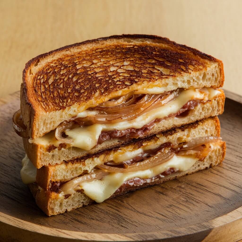 A photo of a grilled cheese sandwich with golden caramelized onions and melted cheese. The onions are rich and glossy, with a slight sweetness that complements the sharp, melted cheese. The bread is perfectly toasted, with a deep, crispy texture. The sandwich is cut in half, revealing the gooey cheese and onions inside. The plate is wooden and has some visible grains. The background is simple and clean.