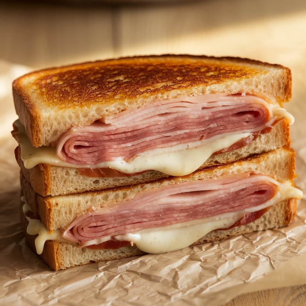 A photo of a prosciutto and cheese sandwich, cut in half and placed on crinkled parchment paper over a wooden surface. The sandwich is made with two thick slices of golden, crispy bread that have been toasted to perfection. Inside, there is a generous layer of melted cheese, which is gooey and oozing slightly out of the sides. The cheese is combined with thin slices of deli-style prosciutto, stacked neatly and folded in layers. The prosciutto has a light pink color, contrasting with the creamy white cheese. The sandwich looks indulgent, with the melted cheese binding the layers of ham together, creating a savory, comforting appeal. The background is softly lit, with the focus on the sandwich, emphasizing the crispiness of the toasted bread and the rich, melty interior. The overall presentation is rustic, with the parchment paper adding a casual, homemade feel to the image.